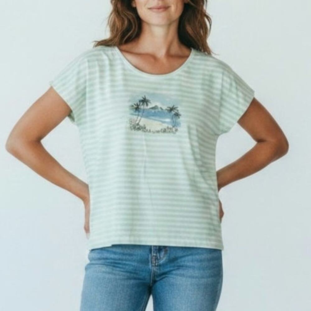 Talbots Beach Scene Striped Tee Shirt Mint Green Cotton XL Tropical